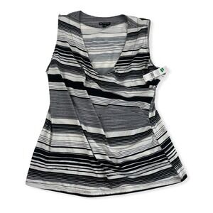 NWT New Directions Black White Striped Womens Blouse Tank Shirt Size L V-Neck